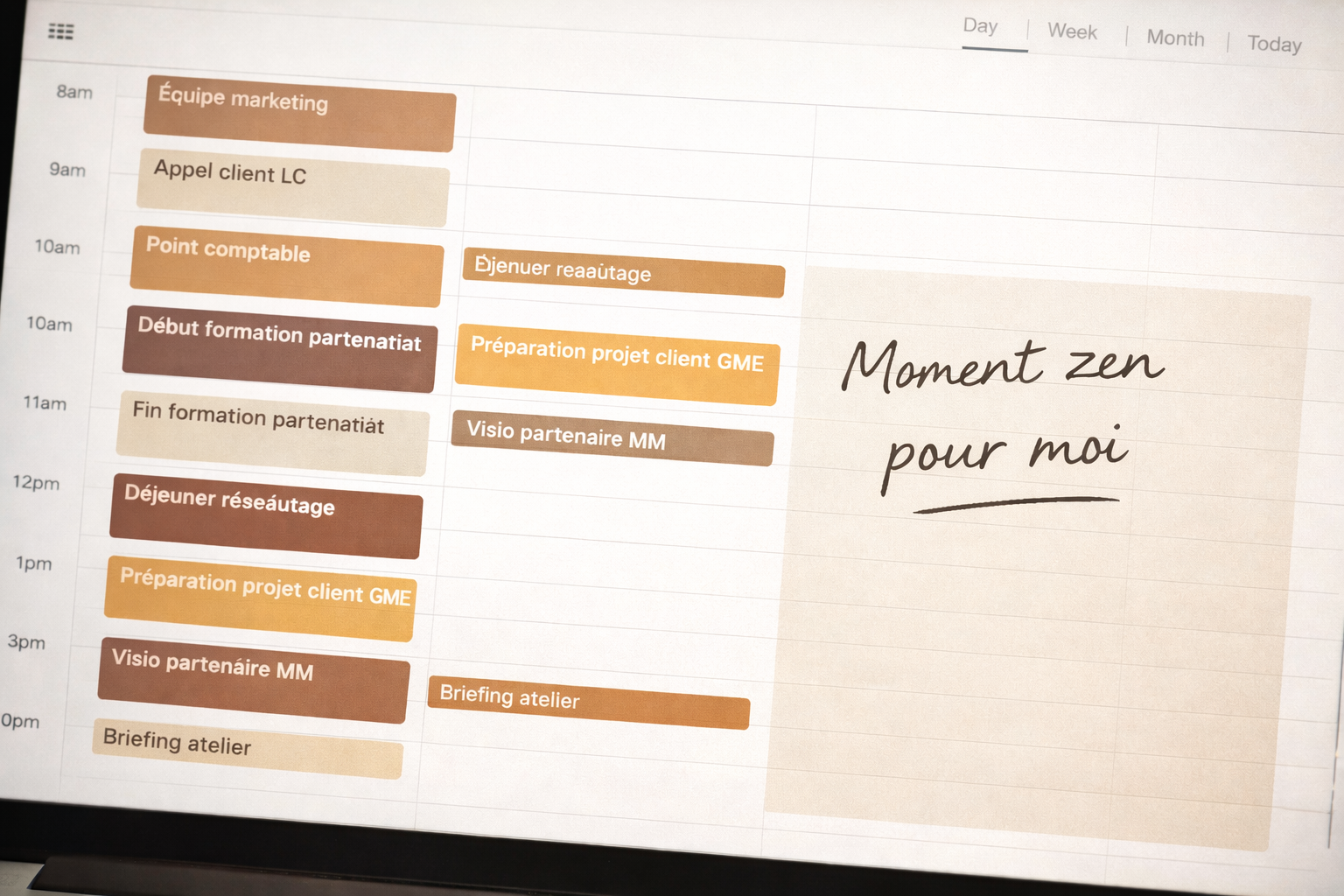 Agenda structuré avec temps libre dédié – organisation business et charge mentale Agenda professionnel organisé avec trois heures libres indiquées “Moment zen pour moi” pour illustrer la réduction de la charge mentale des entrepreneures