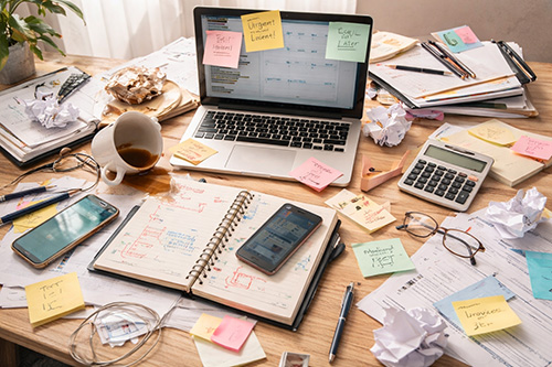 Bureau en désordre illustrant la surcharge mentale et le manque d’organisation dans un business entrepreneurial.