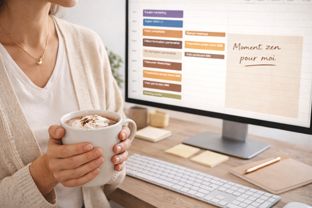 Femme devant un écran bien organisé, savourant un chocolat chaud dans un environnement de travail structuré et apaisé