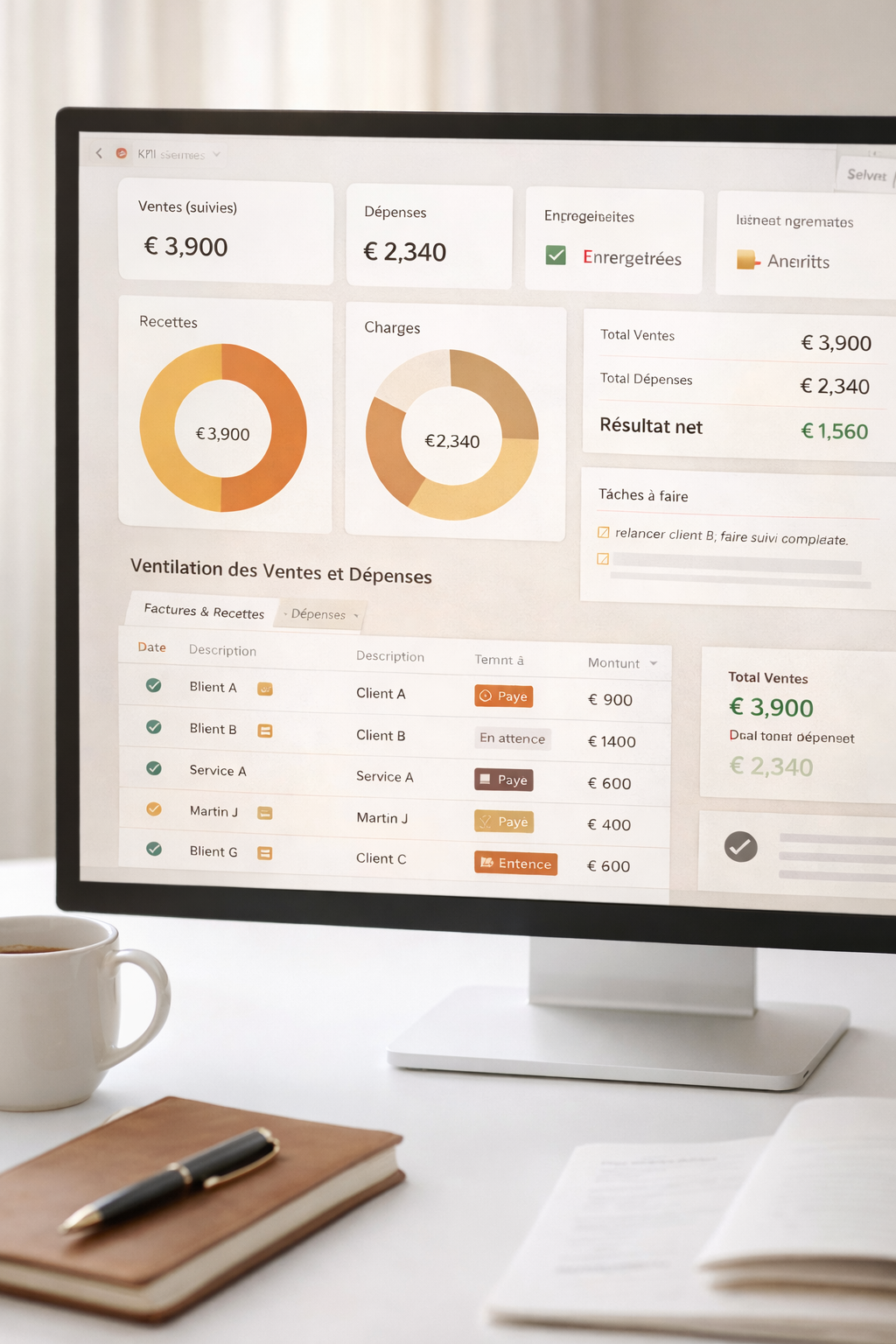 Pilotage financier et préparation comptable – Assistante virtuelle pour entrepreneure Système de pilotage financier pour entrepreneure avec suivi des ventes, dépenses et préparation comptable, accompagné par une assistante virtuelle