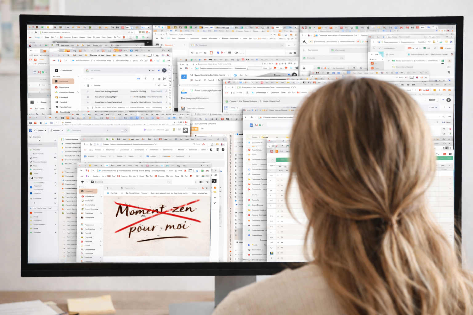 Entrepreneure de dos face à un écran rempli d’onglets ouverts illustrant la surcharge mentale et le chaos organisationnel dans son business